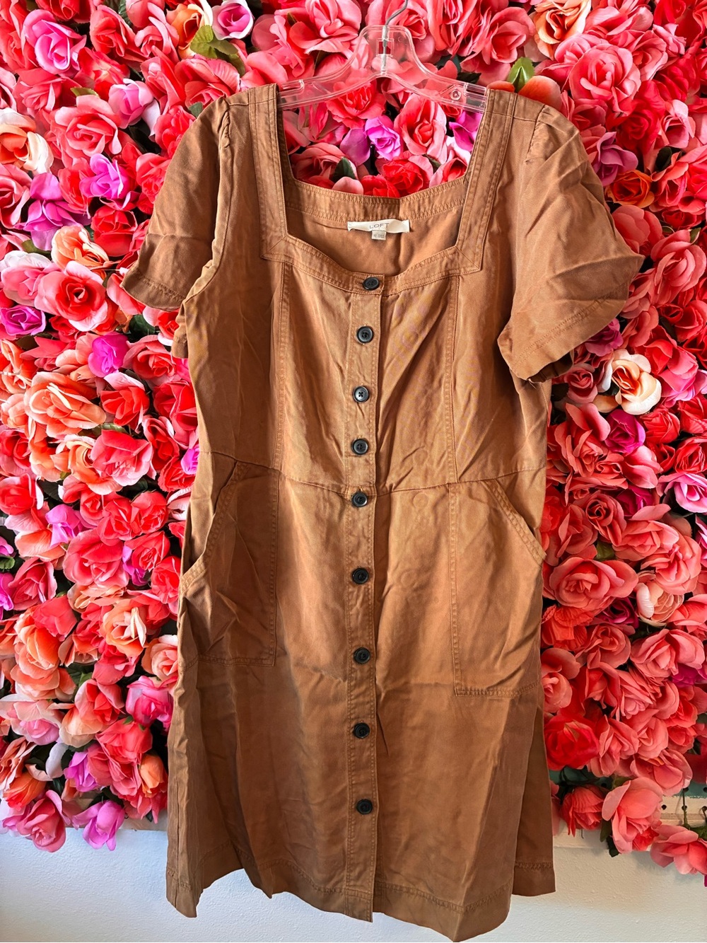 LOFT Tan Button-Front Midi Dress